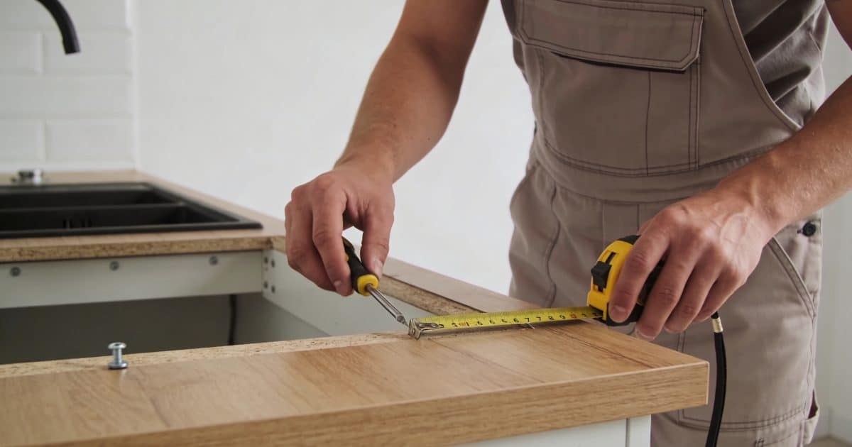 artisan installant un plan de travail cuisine
