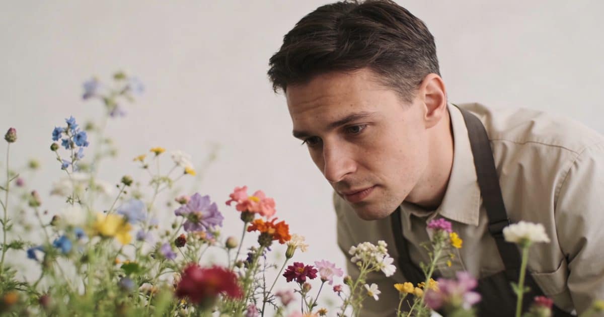 Botaniste penche sur fleurs sauvages multicolores en gros plan