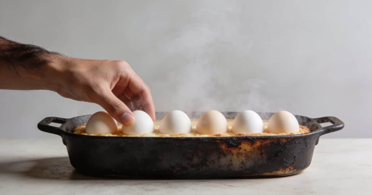 Main brune aligne des oeufs dans casserole fumante