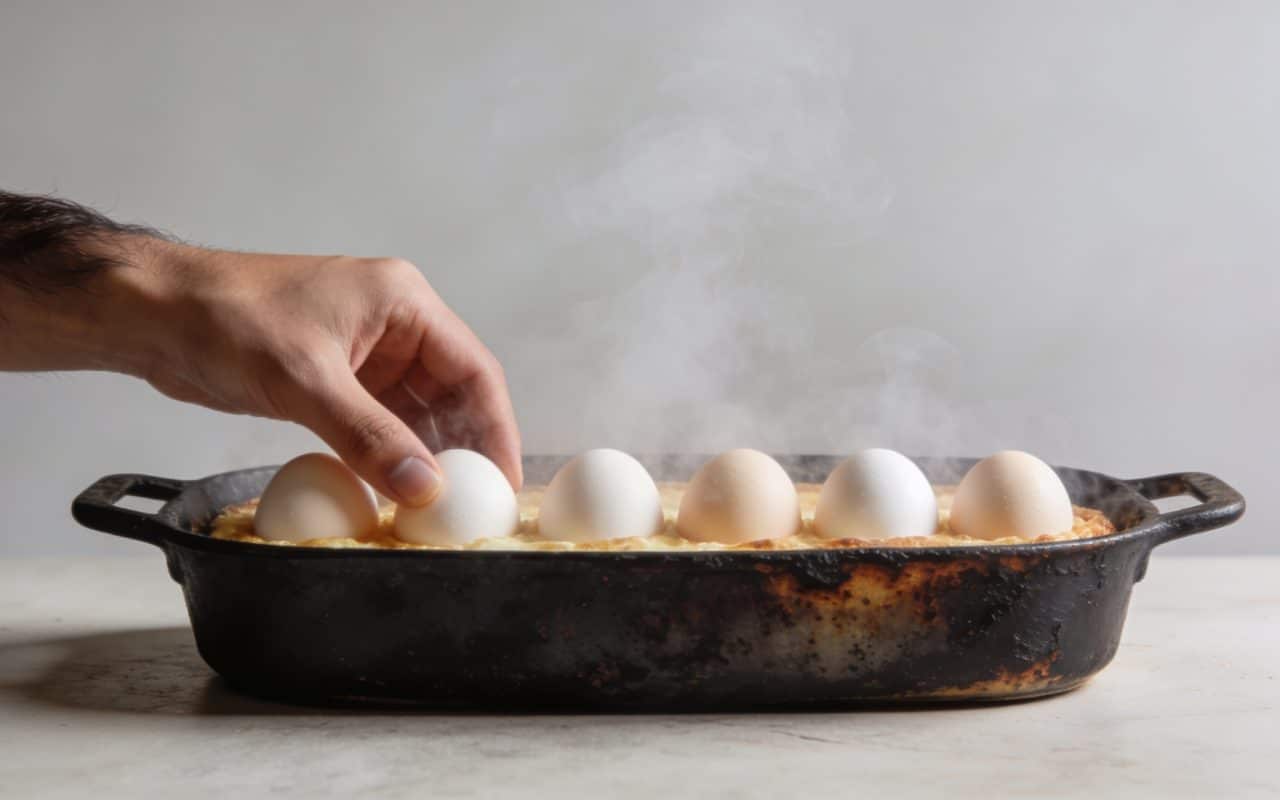 Main brune aligne des oeufs dans casserole fumante