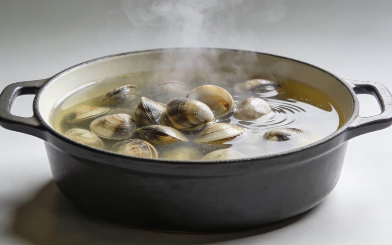 Casserole fumante avec bulots immerges dans court bouillon