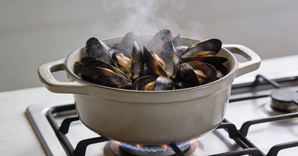 Casserole fumante de moules ouvertes sur feu gaz