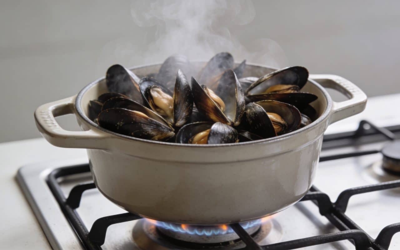 Casserole fumante de moules ouvertes sur feu gaz