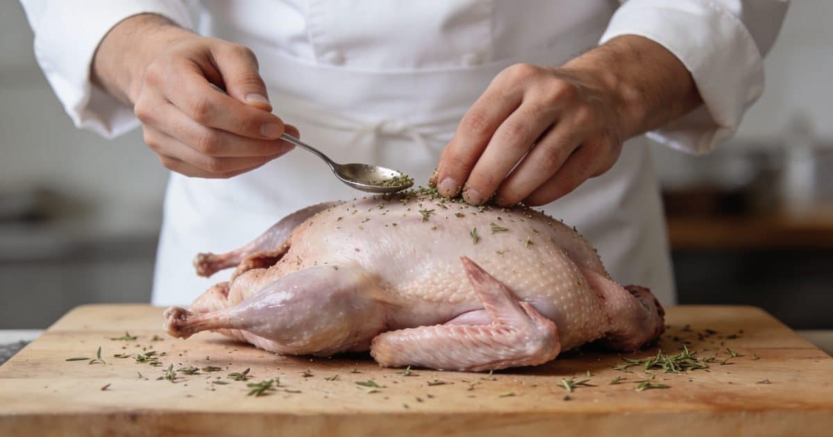 Chef assaisonnant un pigeon entier sur planche