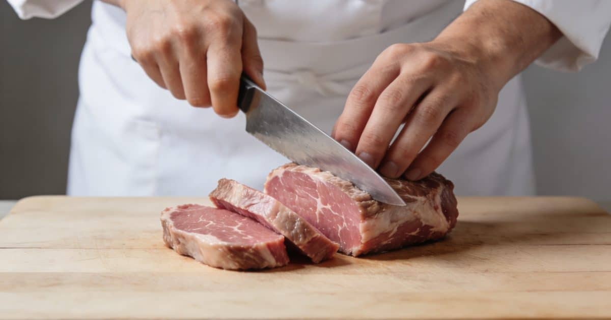 Chef tranchant un filet mignon de porc