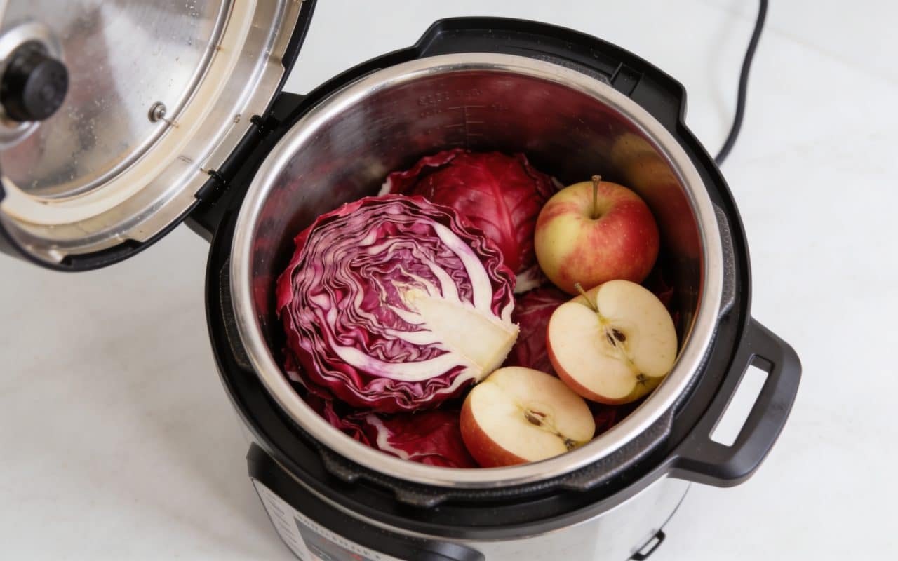 Cocotte minute ouverte avec chou rouge et pommes