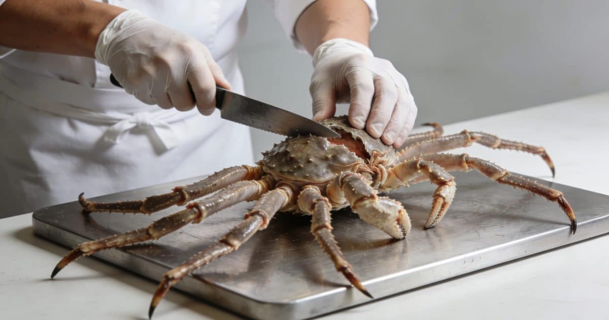 Cuisinier decoupant une grosse araignee de mer