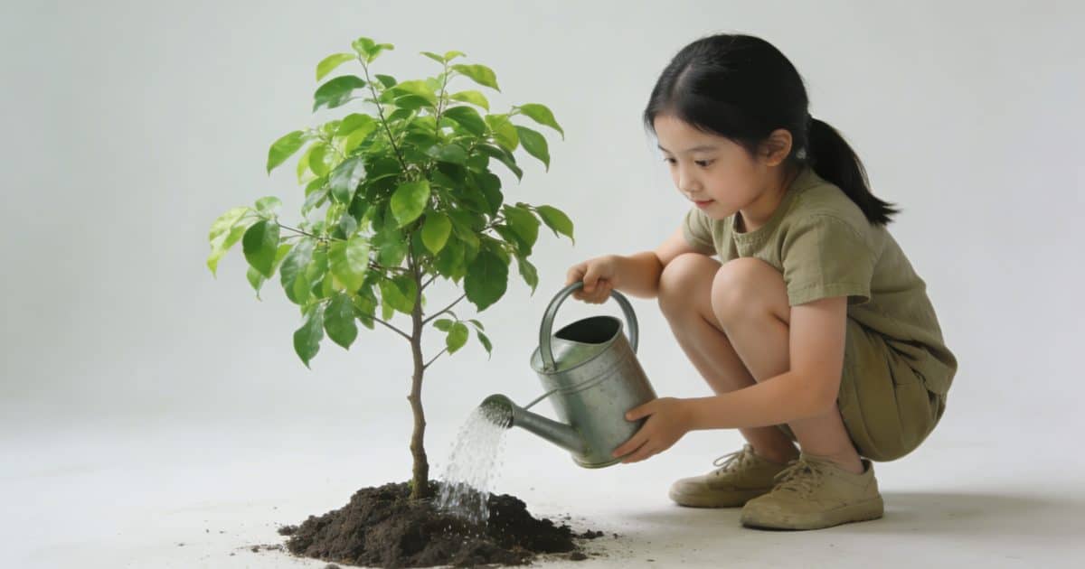 Fillette accroupie arrosant un jeune arbre vert