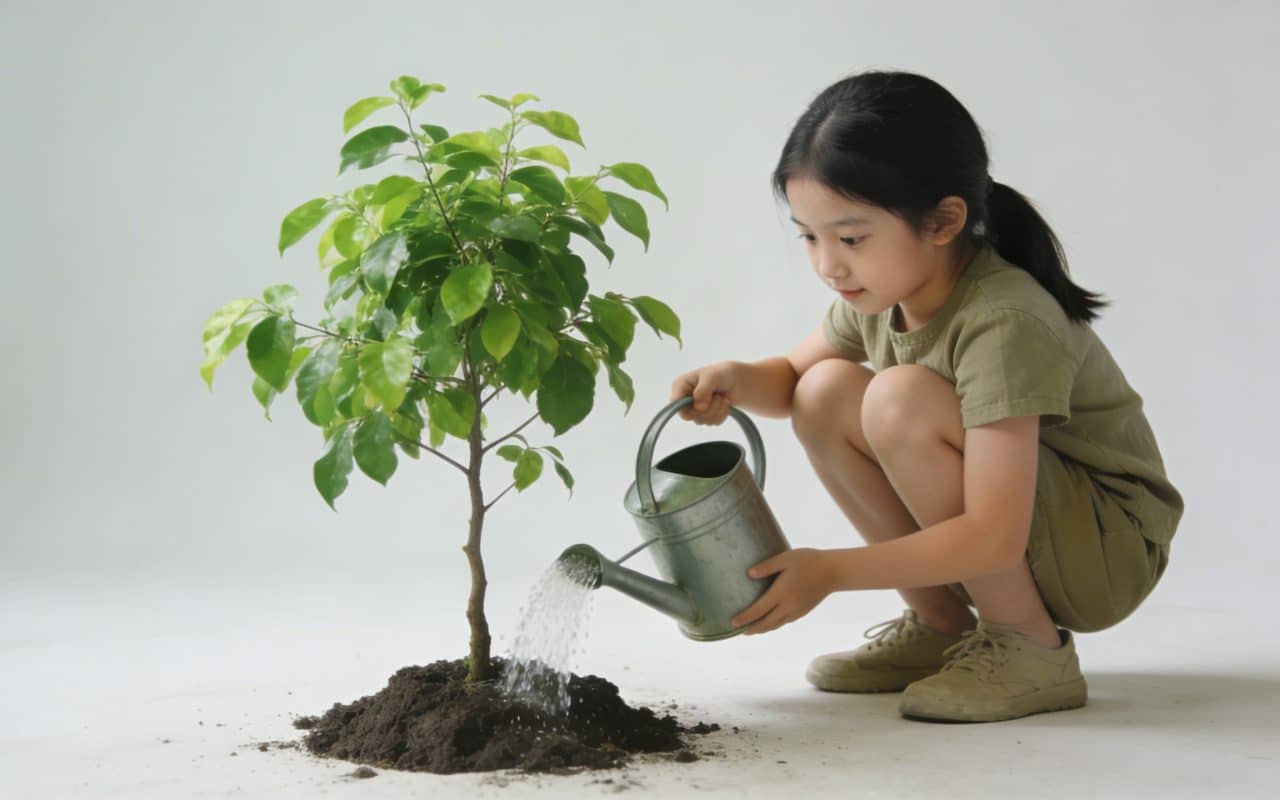 Fillette accroupie arrosant un jeune arbre vert