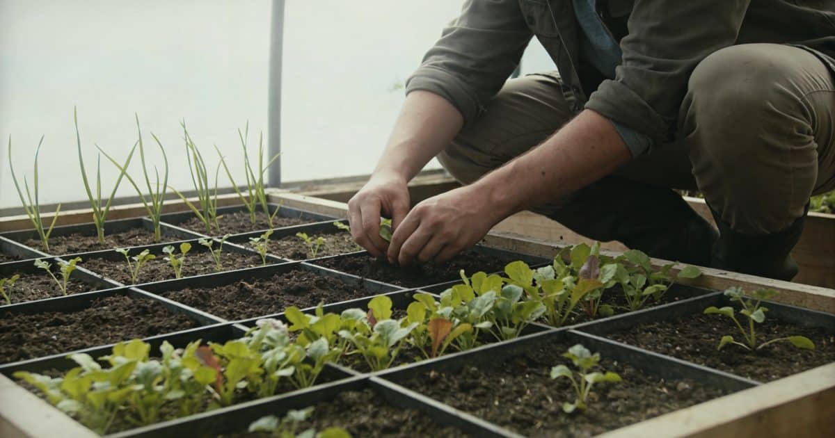 Grand potager geometrie carreaux avec jardinier accroupi