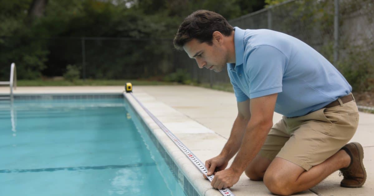 homme mesure longueur piscine avec ruban metre