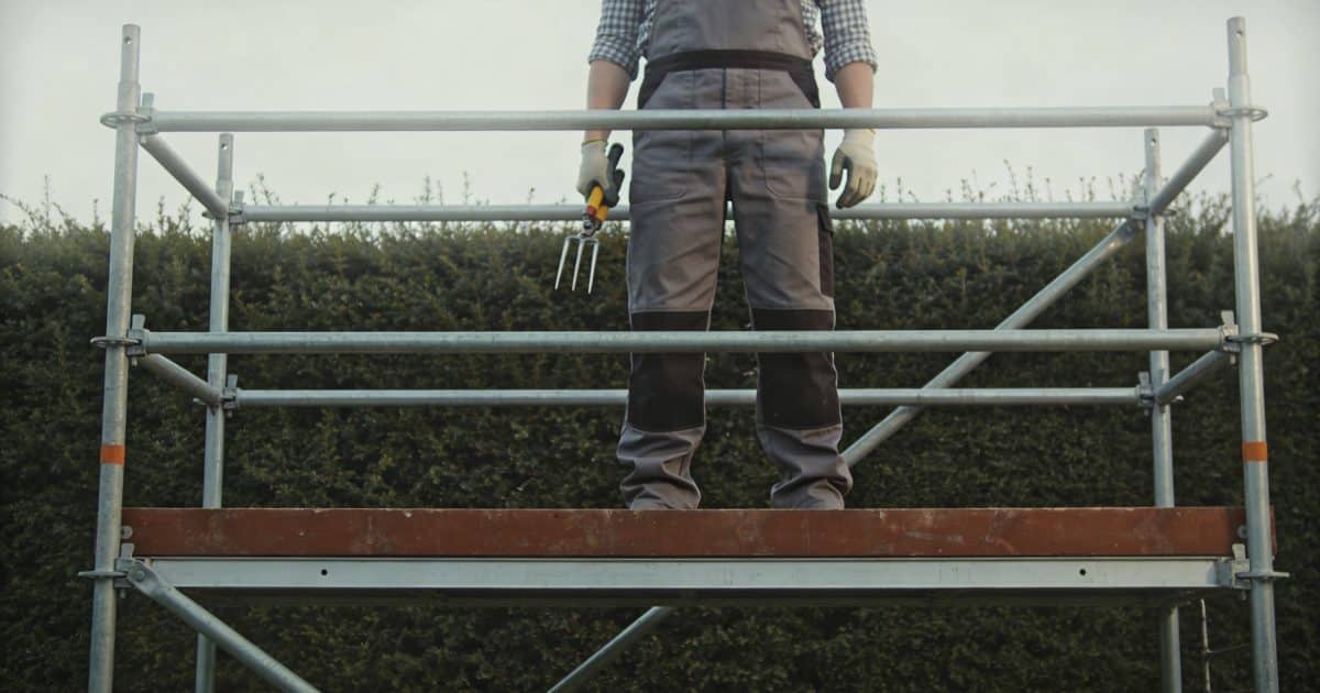 jardinier debout sur echafaudage metal devant haie