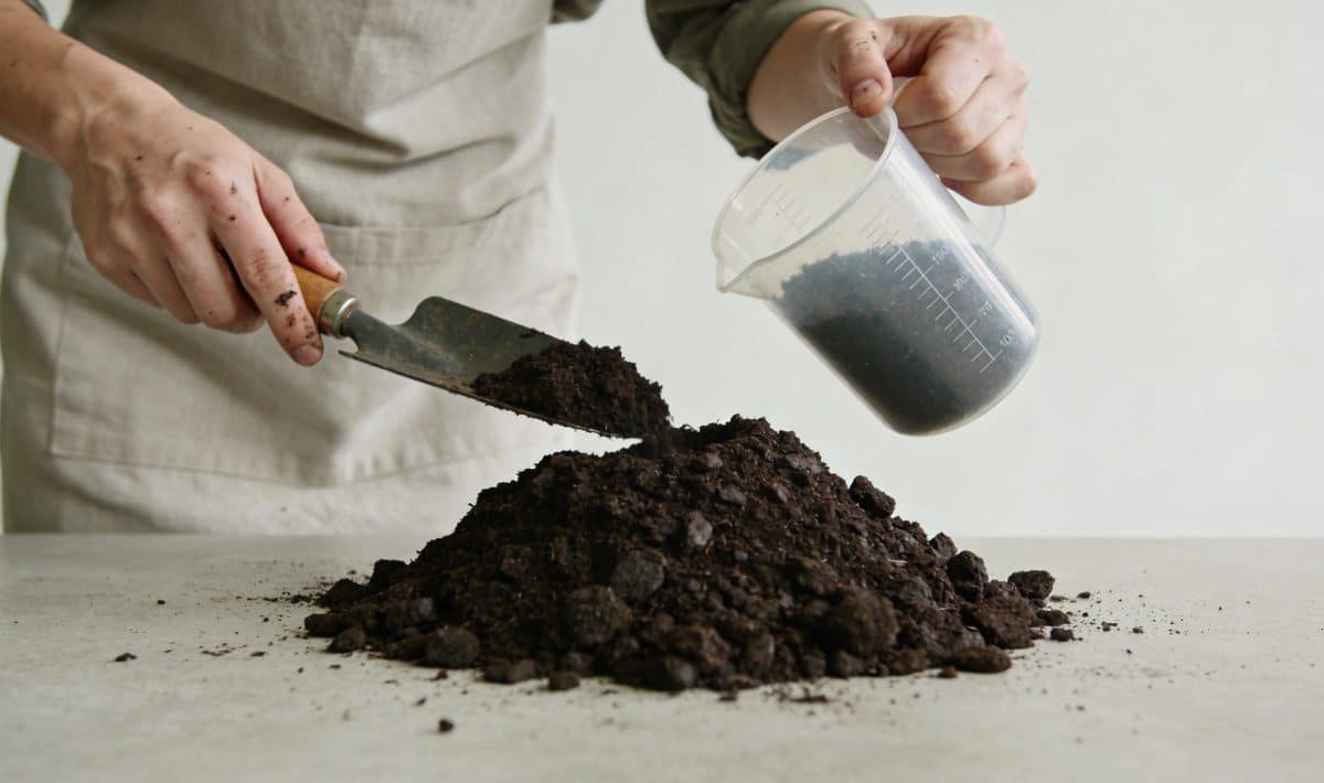 Jardinier mesure tas de terreau avec seau