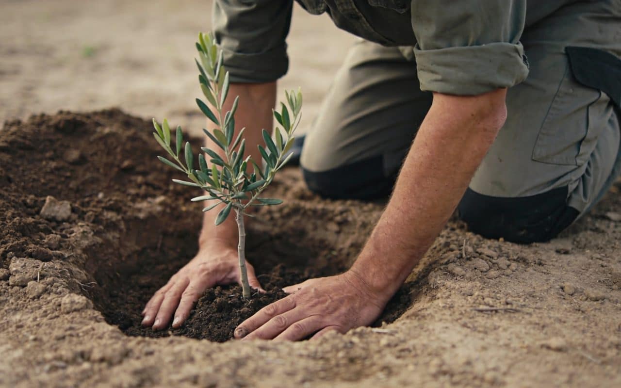 jardinier courbe plantant jeune olivier trou terre