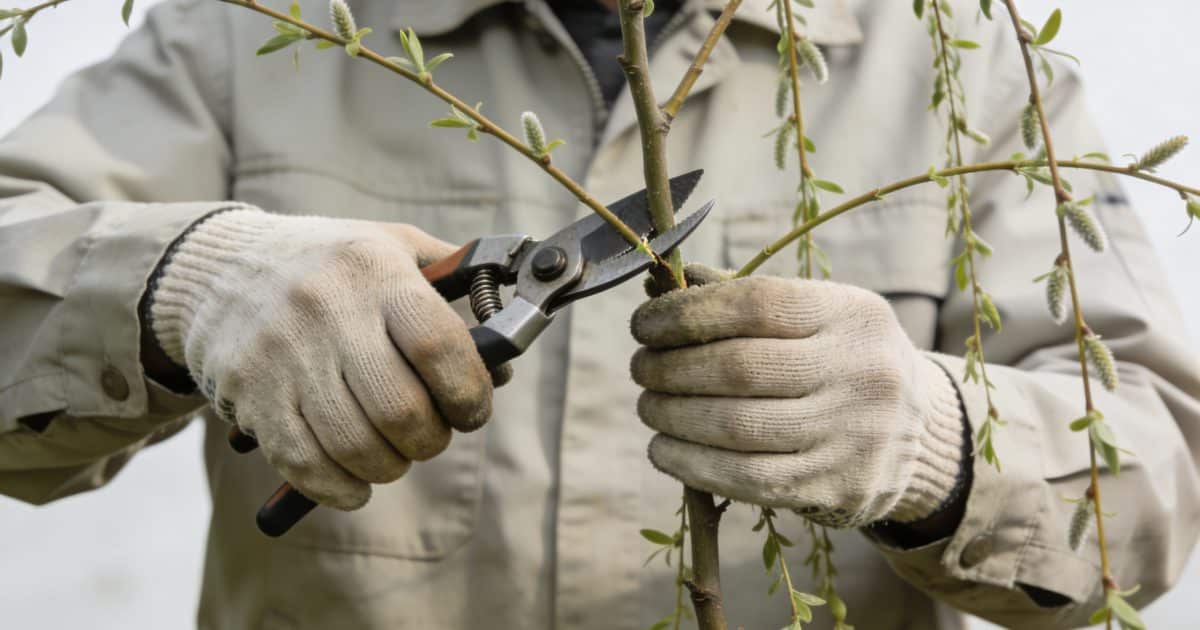 jardinier taillant un saule marsault avec ebrancheur