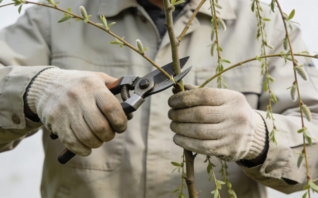 jardinier taillant un saule marsault avec ebrancheur
