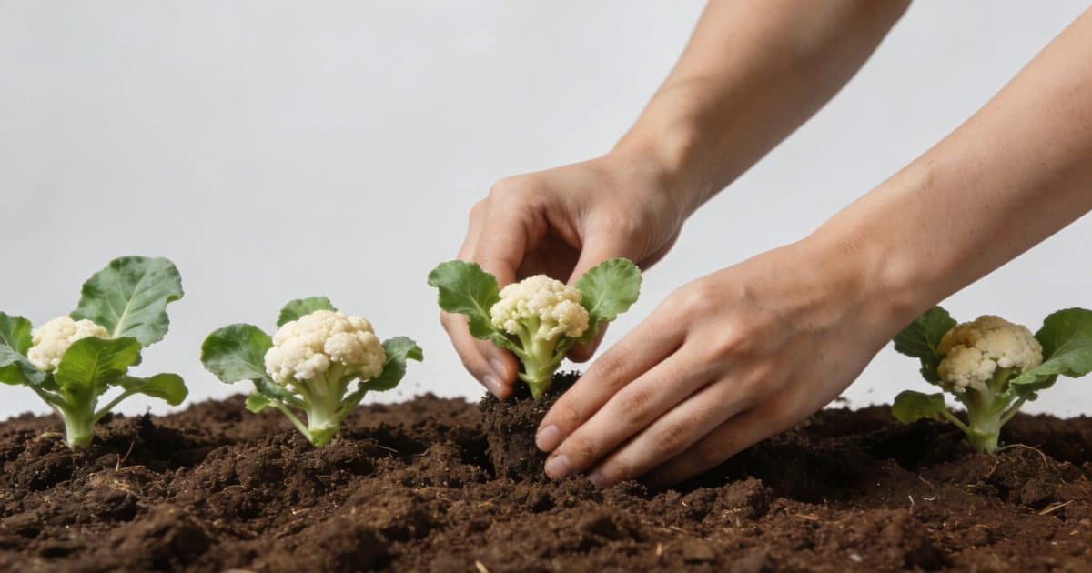 Mains plantant de jeunes plants de chou fleur