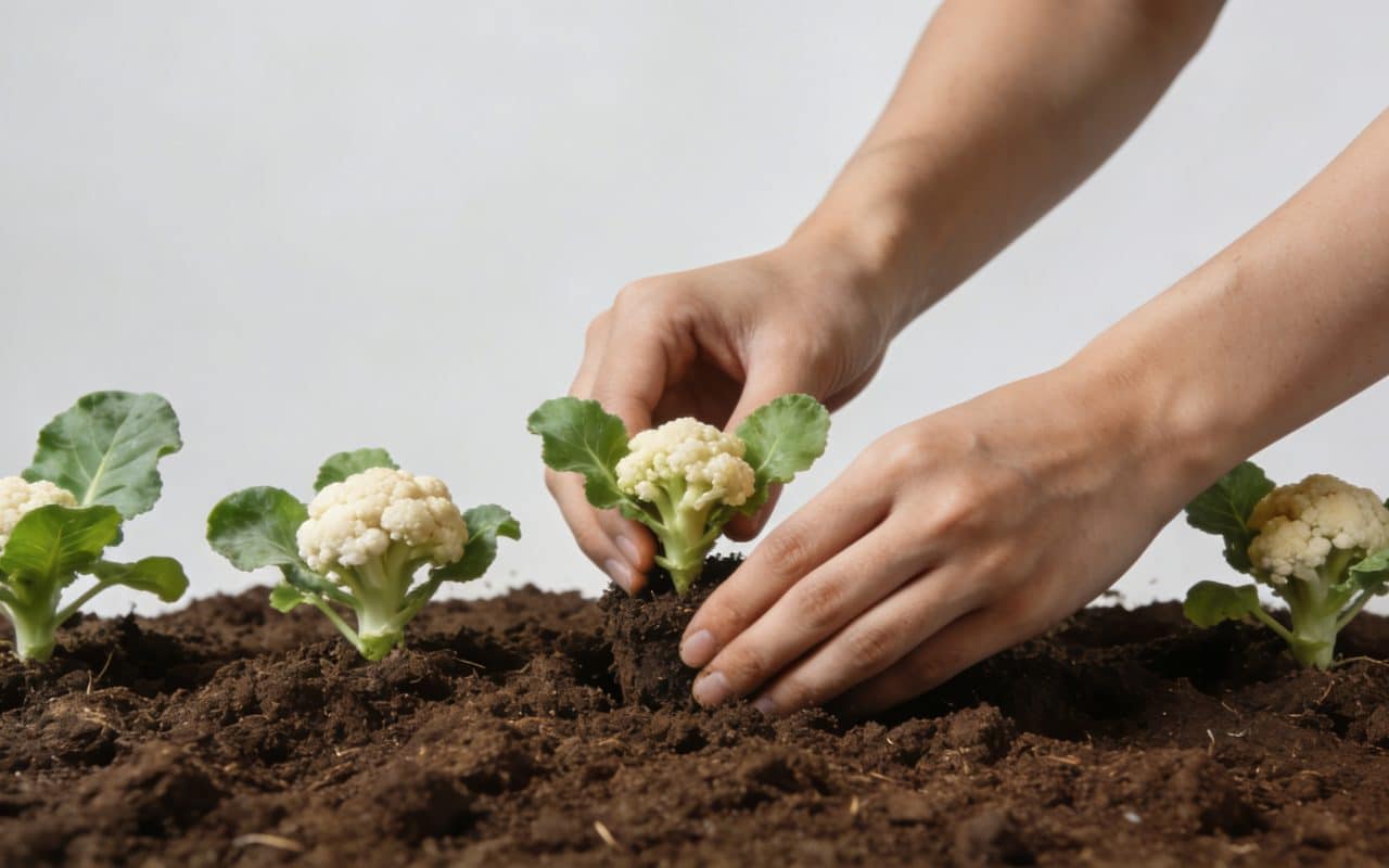 Mains plantant de jeunes plants de chou fleur