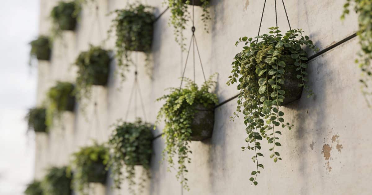 Mur exterieur couvert de plantes vertes suspendues
