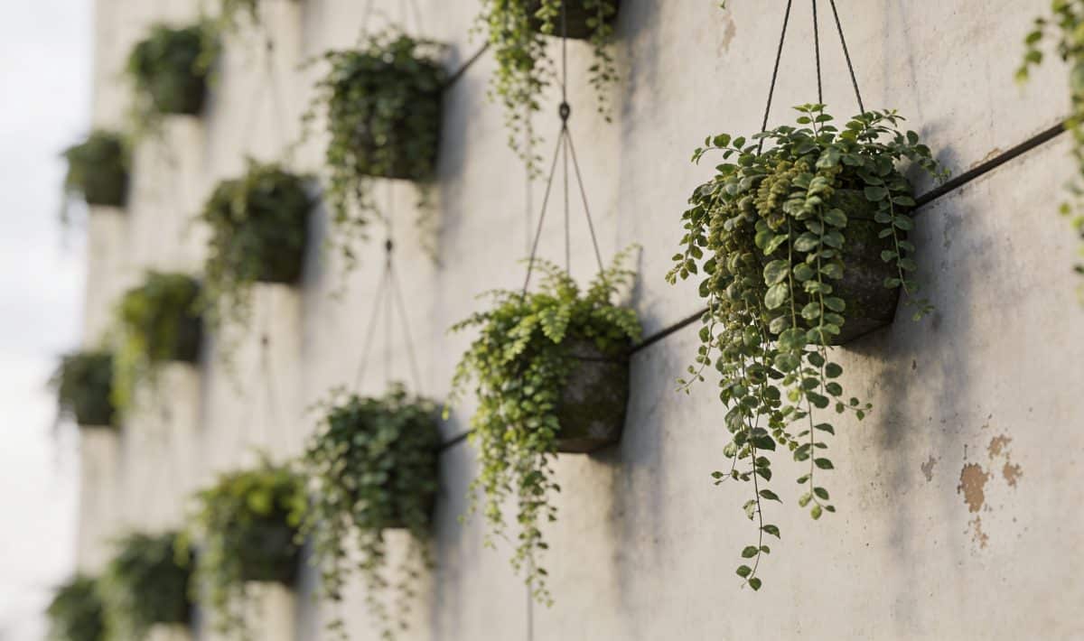 Mur exterieur couvert de plantes vertes suspendues