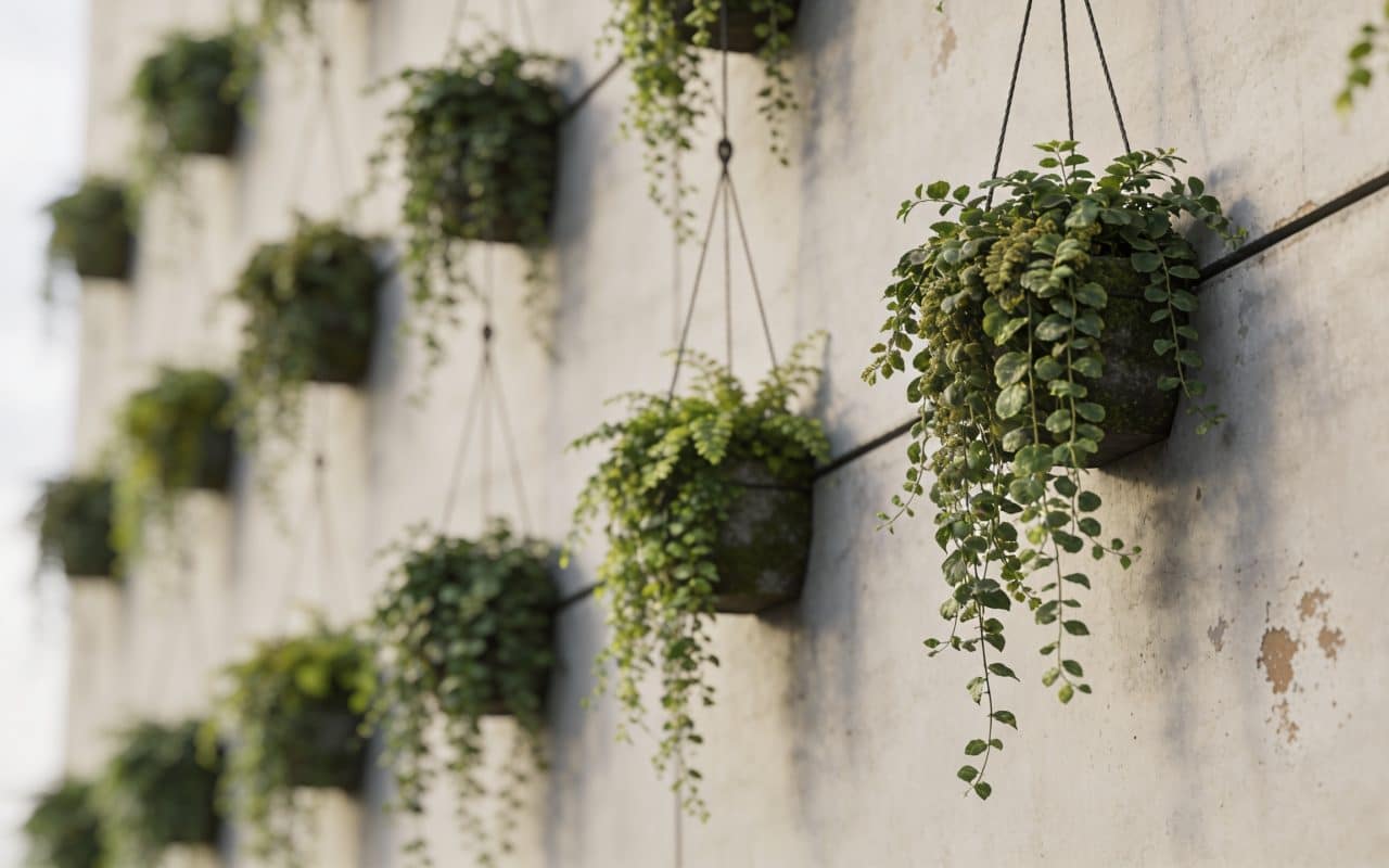 Mur exterieur couvert de plantes vertes suspendues