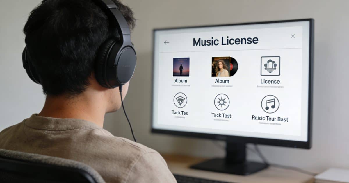 personne avec casque audio face a ecran montrant licences musicales