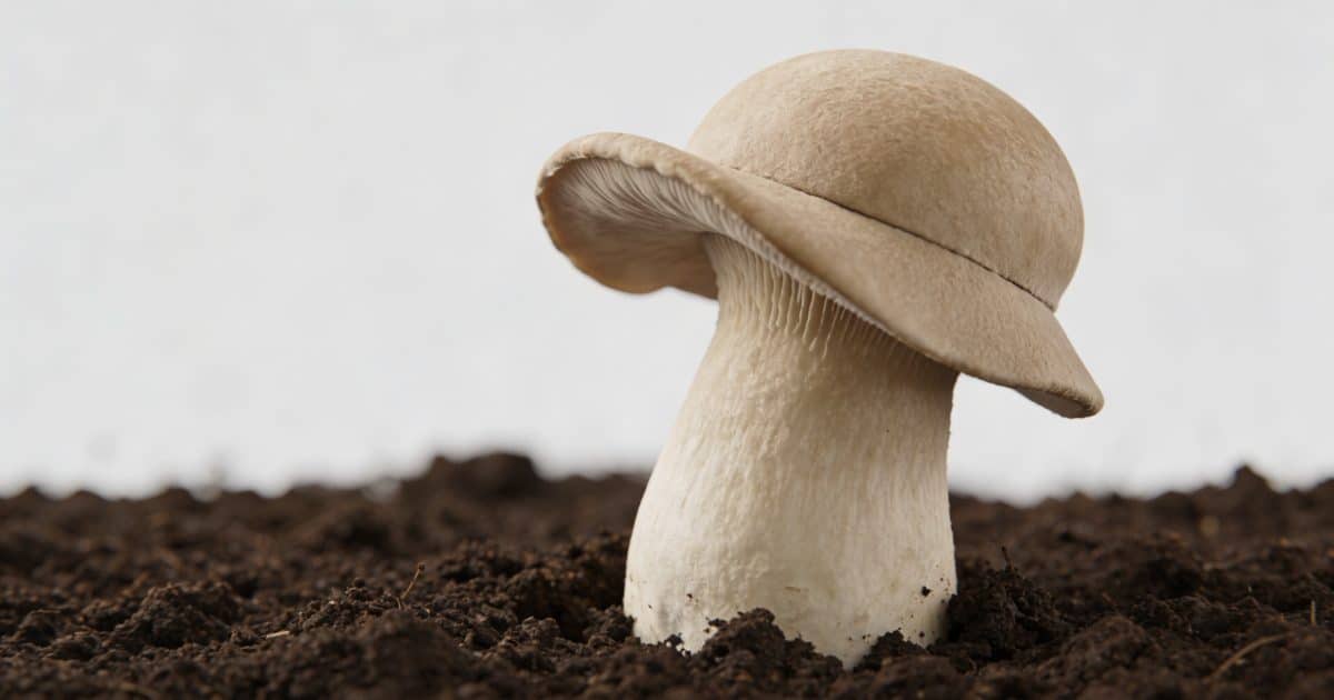 petit champignon beige dressant son chapeau dans terreau brun