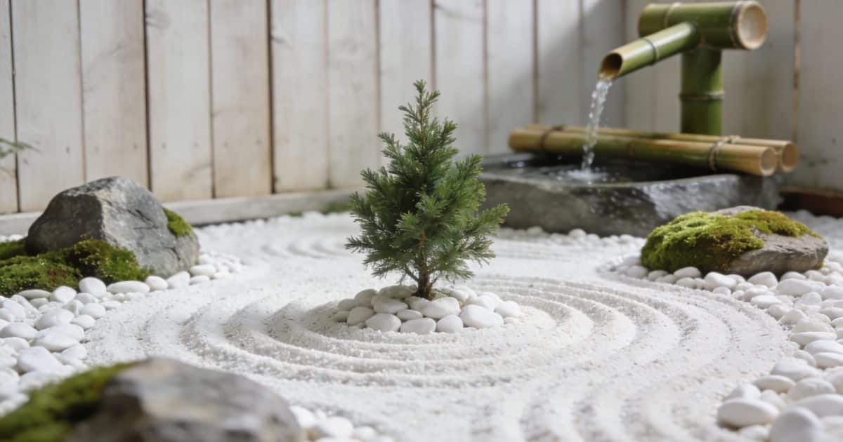 petit jardin zen exterieur avec galets blancs
