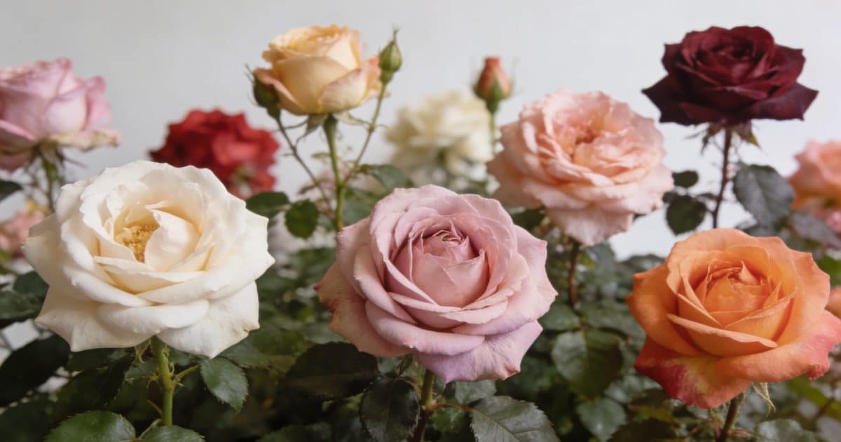Rangee de rosiers divers en fleurs colorées