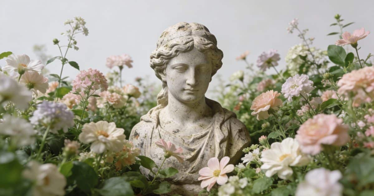 Statue en pierre au centre dun jardin fleuri