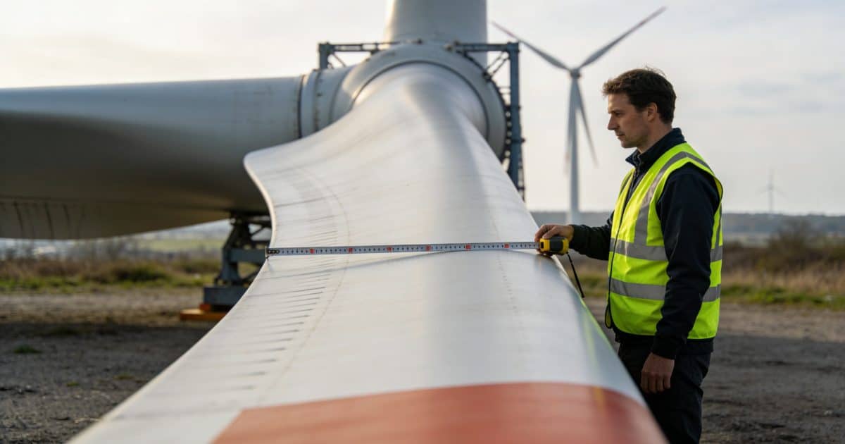 Technicien mesure l envergure enorme dune pale eolienne