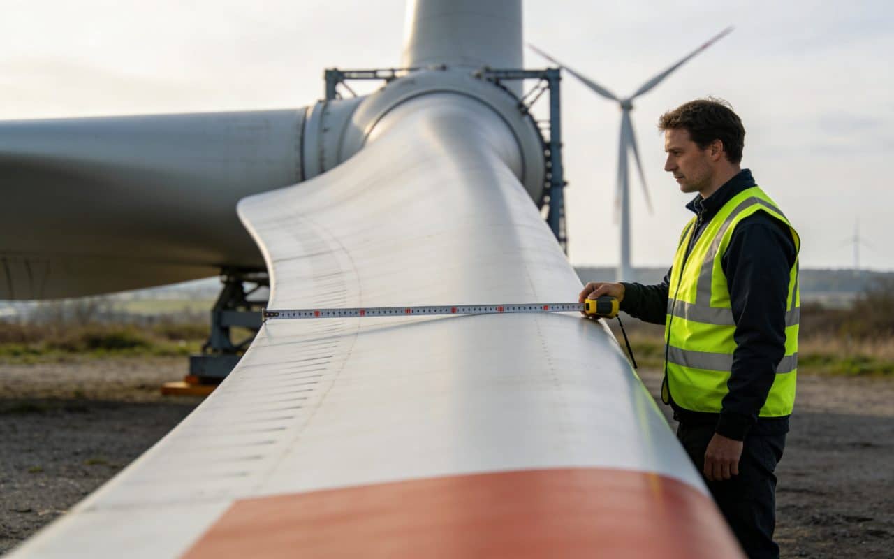 Technicien mesure l envergure enorme dune pale eolienne