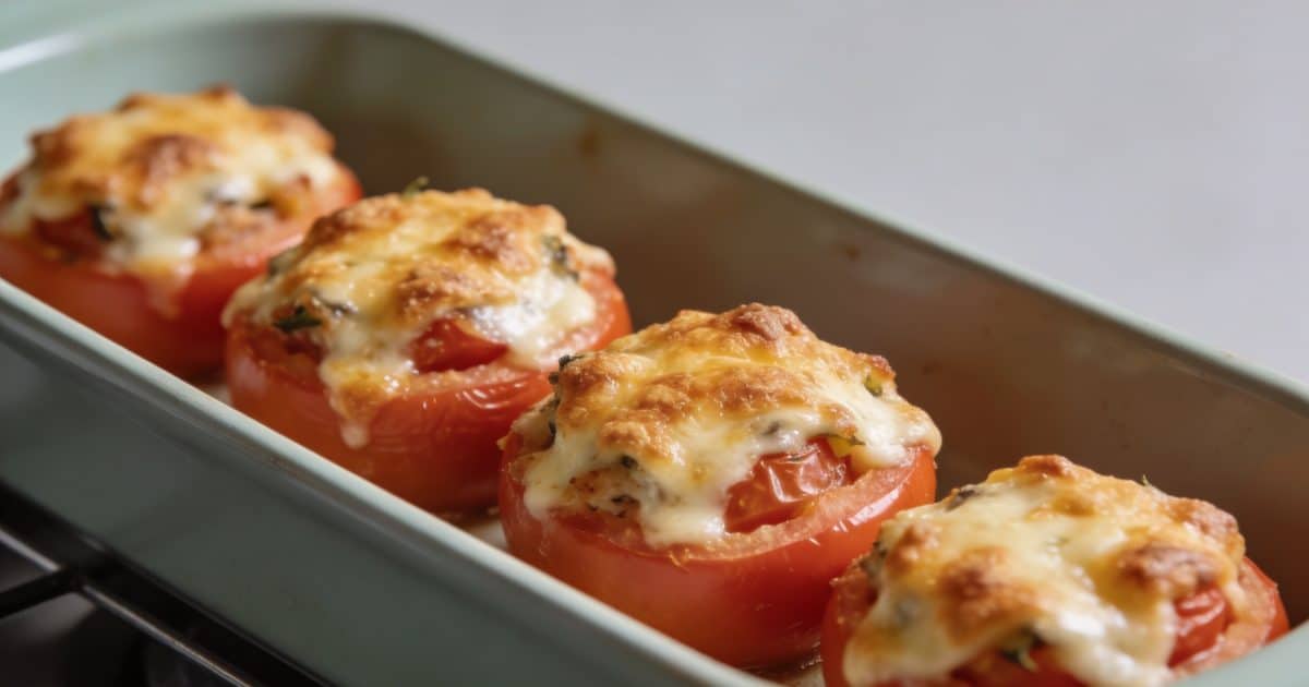 Plat de tomates farcies gratinees alignees dans un four