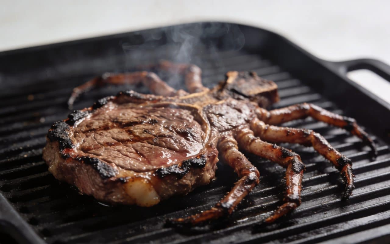 Tranche araignee de boeuf grillee sur grill noir