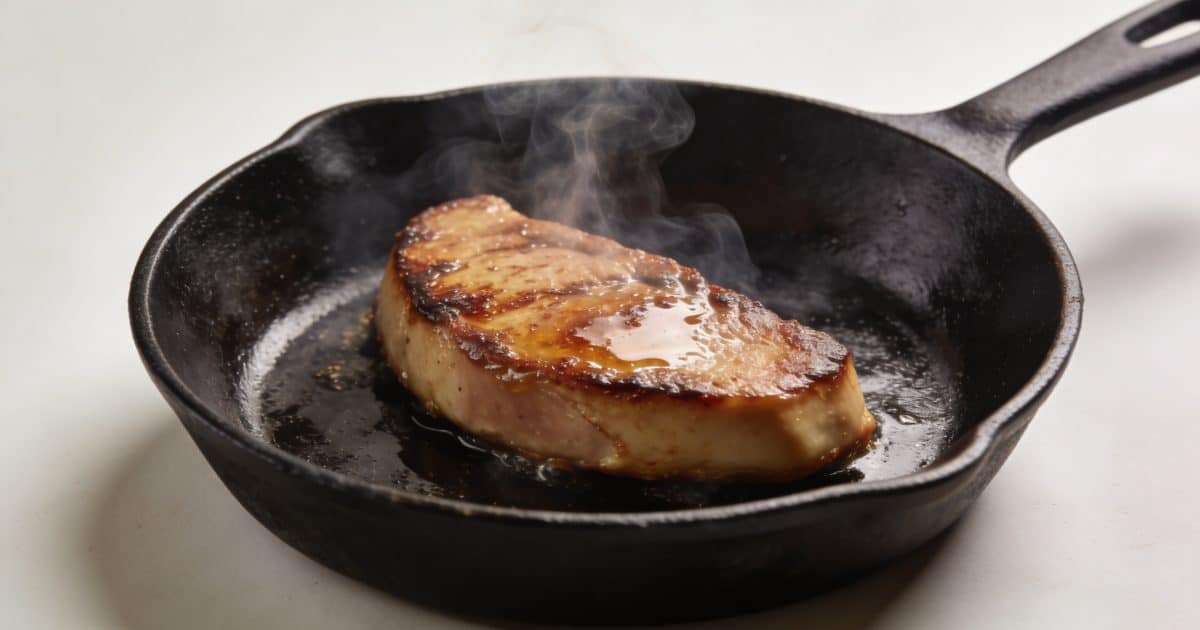 Tranche de foie poelee fumante dans poele noire