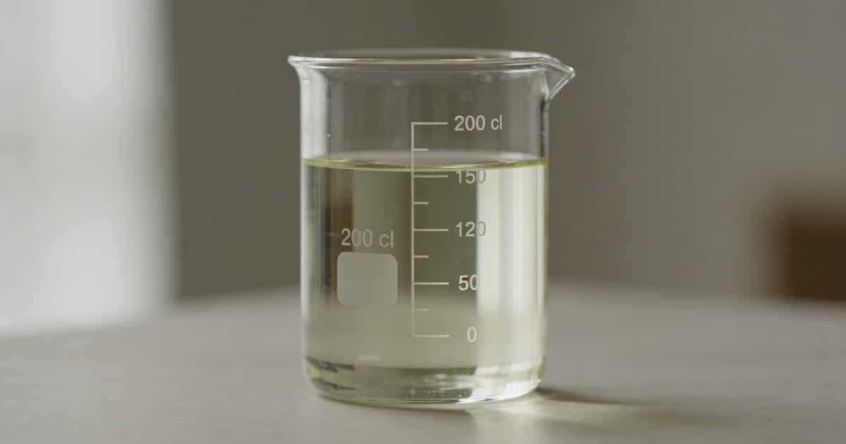 Verre doseur transparent rempli a 200 cl sur table