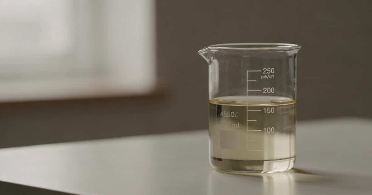 Verre doseur transparent rempli a moitie sur table