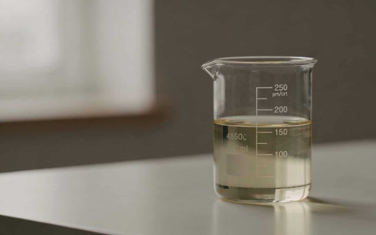 Verre doseur transparent rempli a moitie sur table