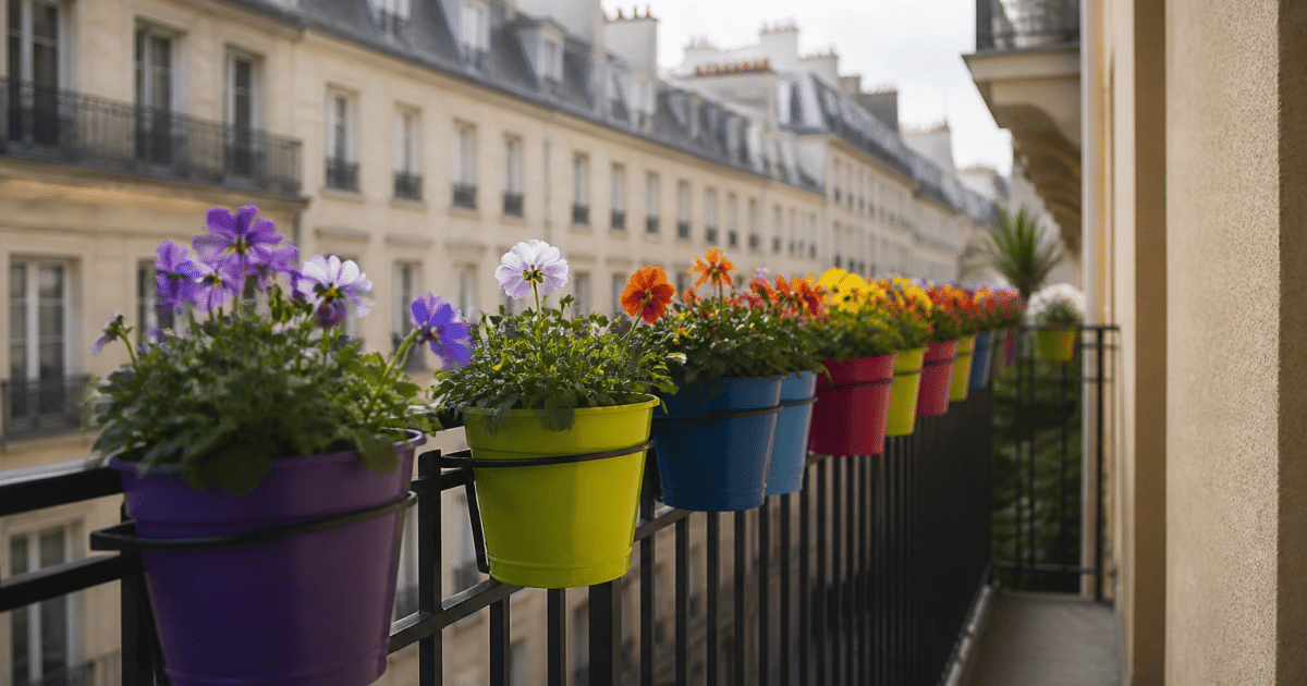 Pots de fleurs colorees alignes sur rampe de balcon etroit