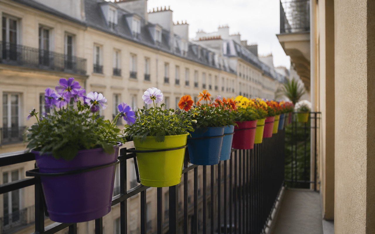 Pots de fleurs colorees alignes sur rampe de balcon etroit