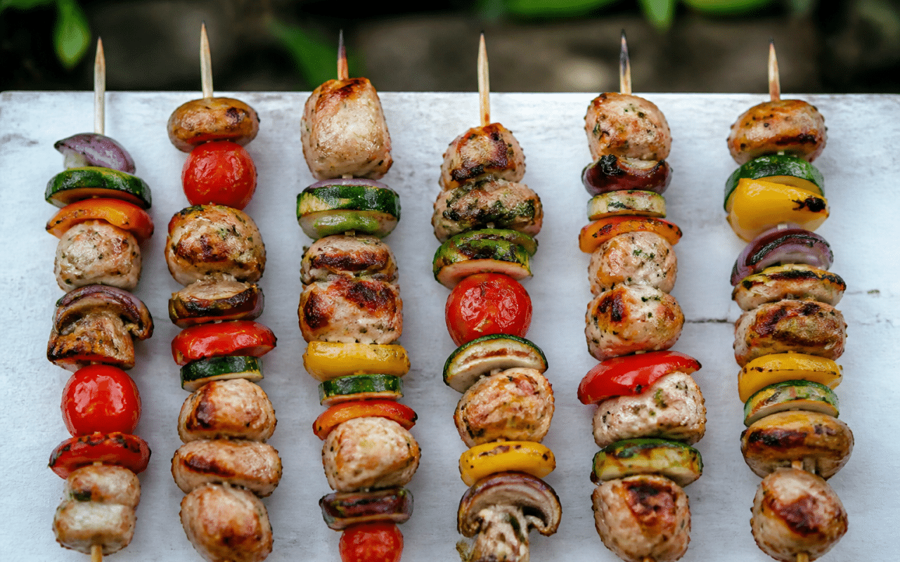 Brochettes colorées disposees verticalement sur planche blanche