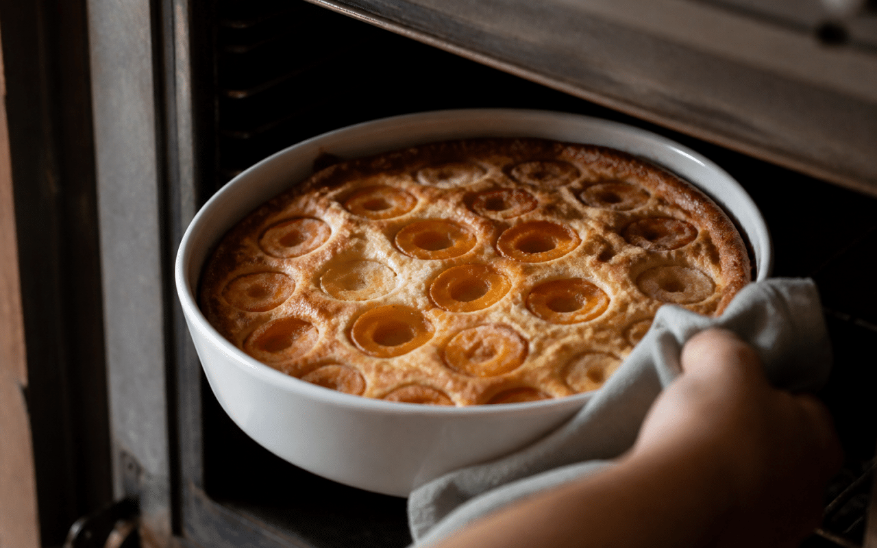 Plat rond rempli de clafoutis aux abricots dorés, sortant du four