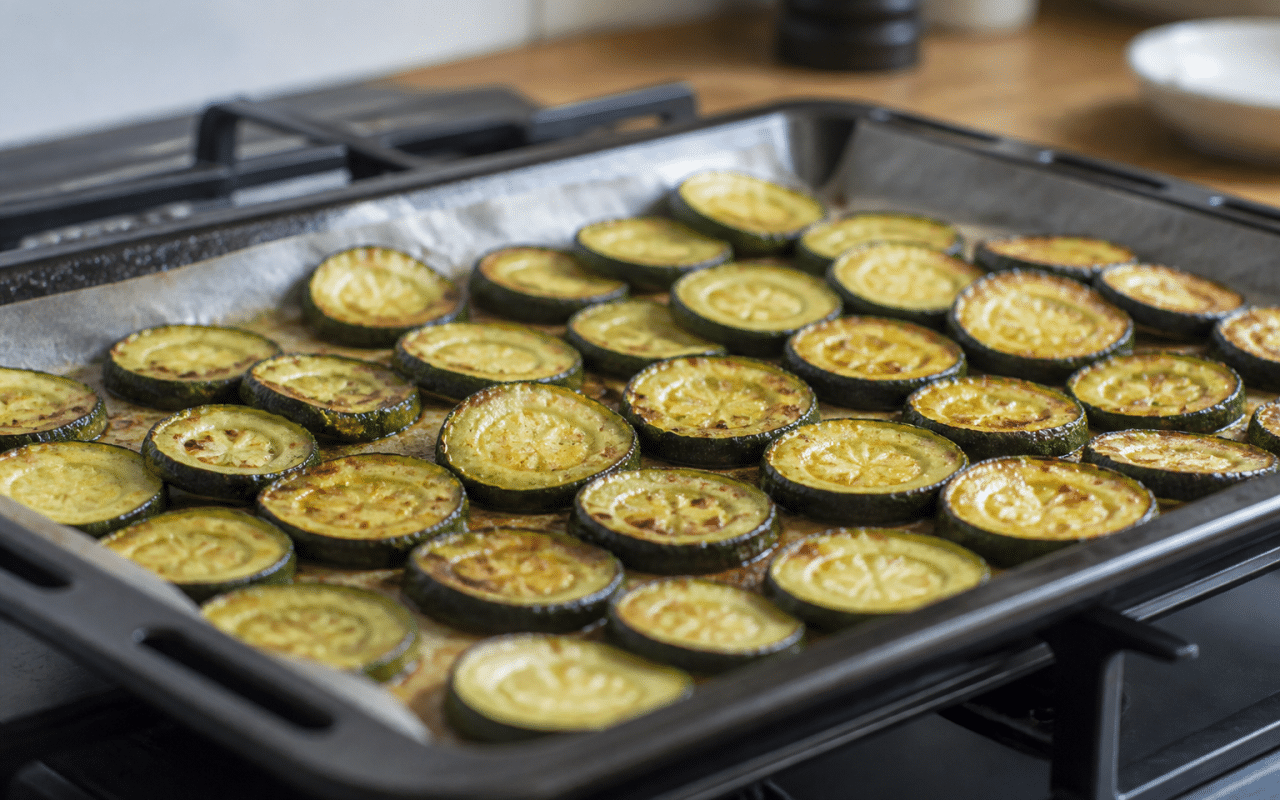 Courgettes tranchees dorees sur plaque four chaude