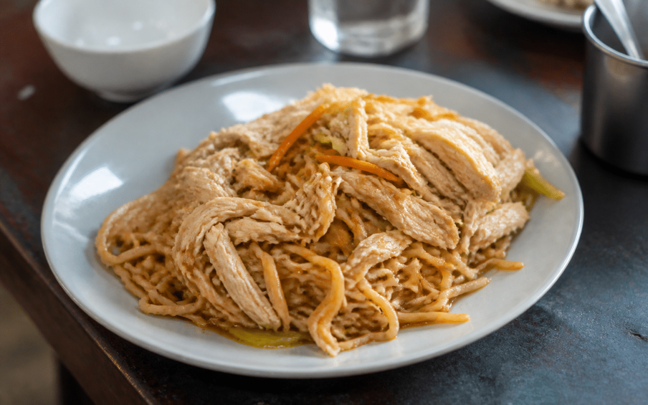 Assiette de nouilles chinoises garnies de poulet effiloche