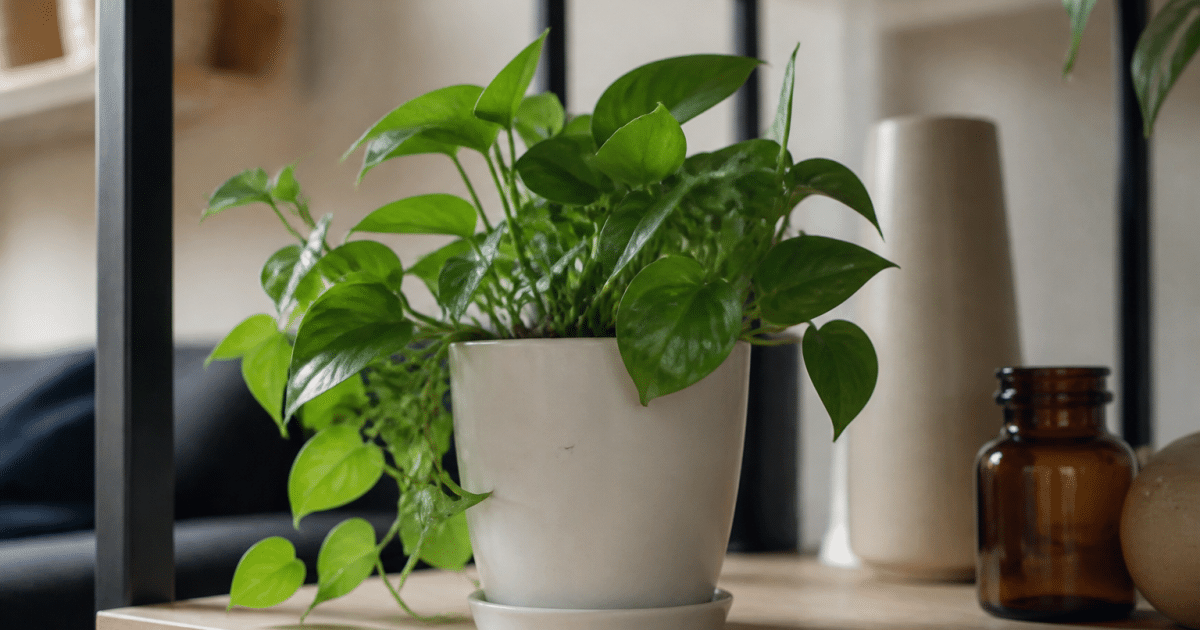 Pot de ceramique blanc contenant une plante verte feuillue sur etagere