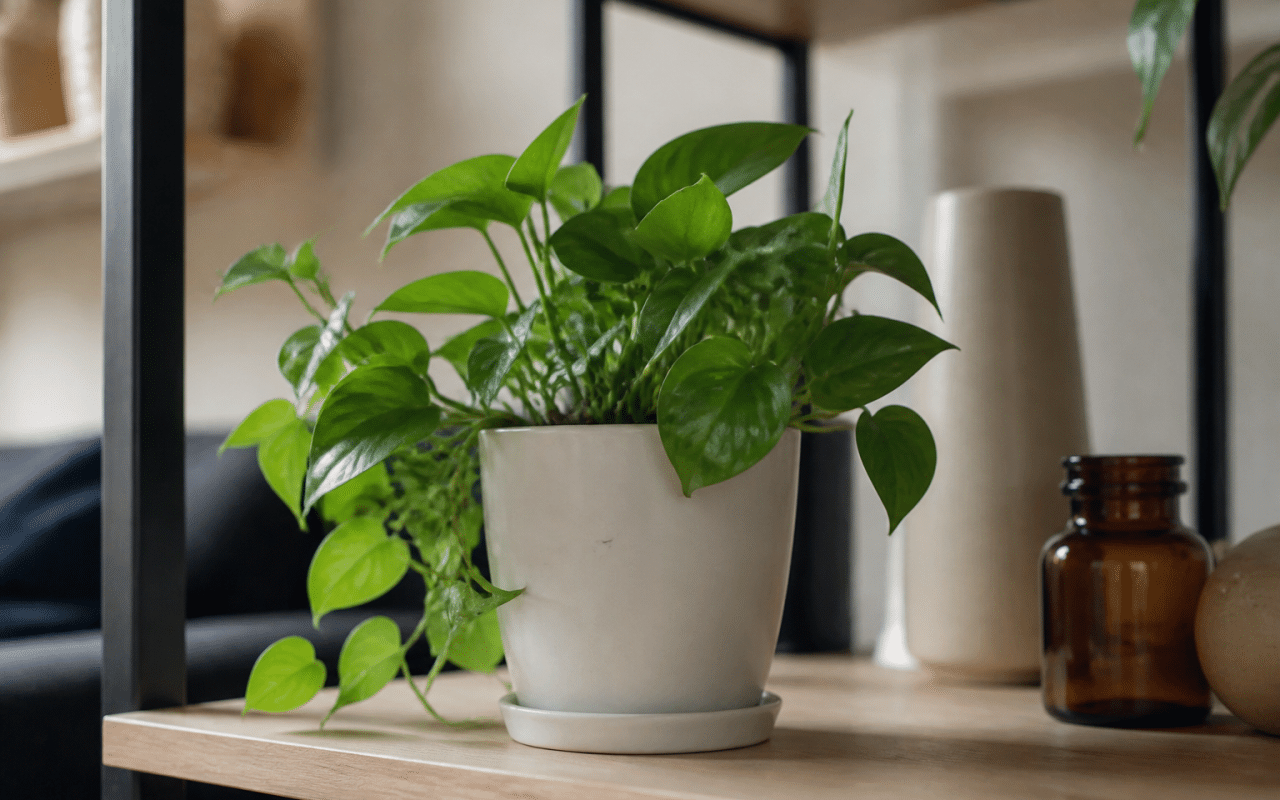 Pot de ceramique blanc contenant une plante verte feuillue sur etagere