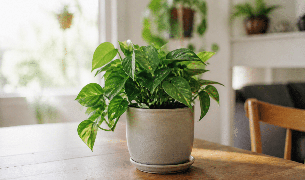 Plante verte en pot sur table interieure bien eclairee