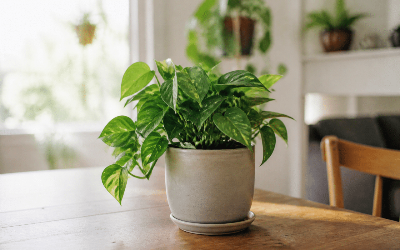 Plante verte en pot sur table interieure bien eclairee
