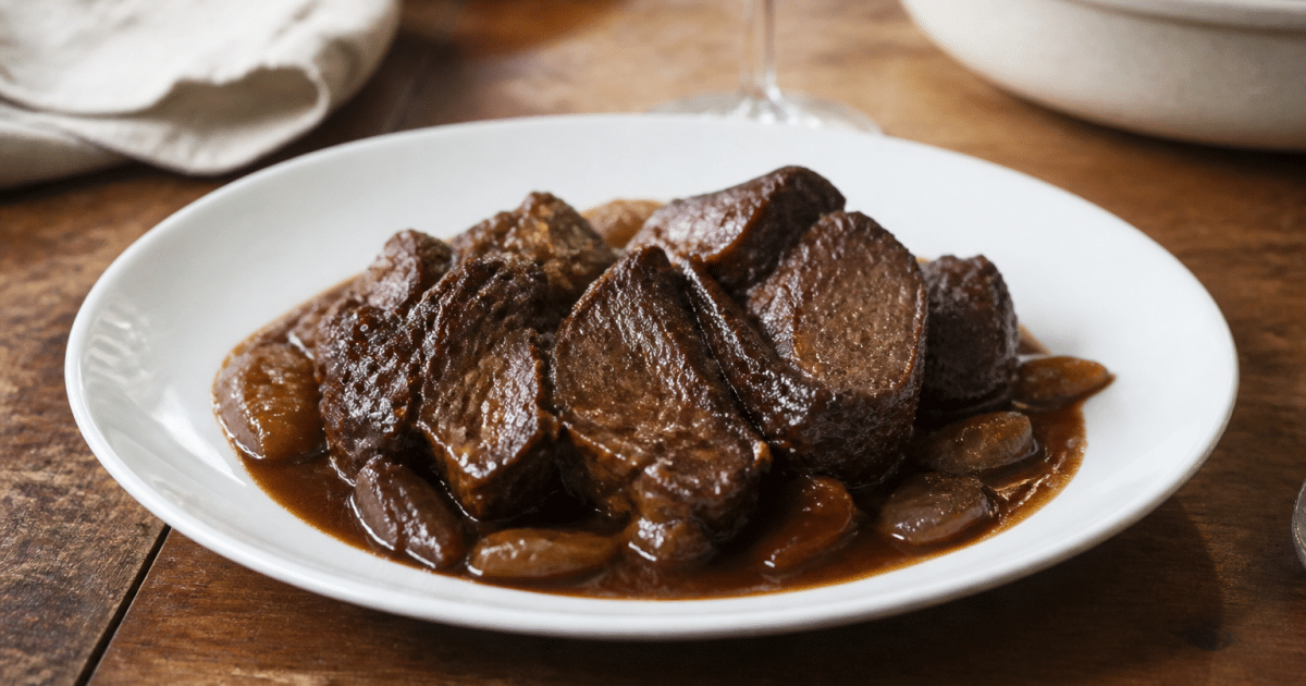 Assiette blanche avec viande braisee nappee de sauce caramel brillante