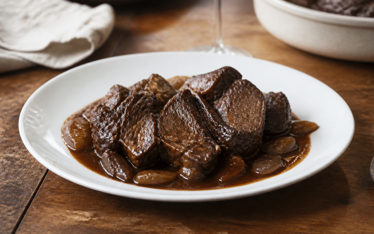 Assiette blanche avec viande braisee nappee de sauce caramel brillante